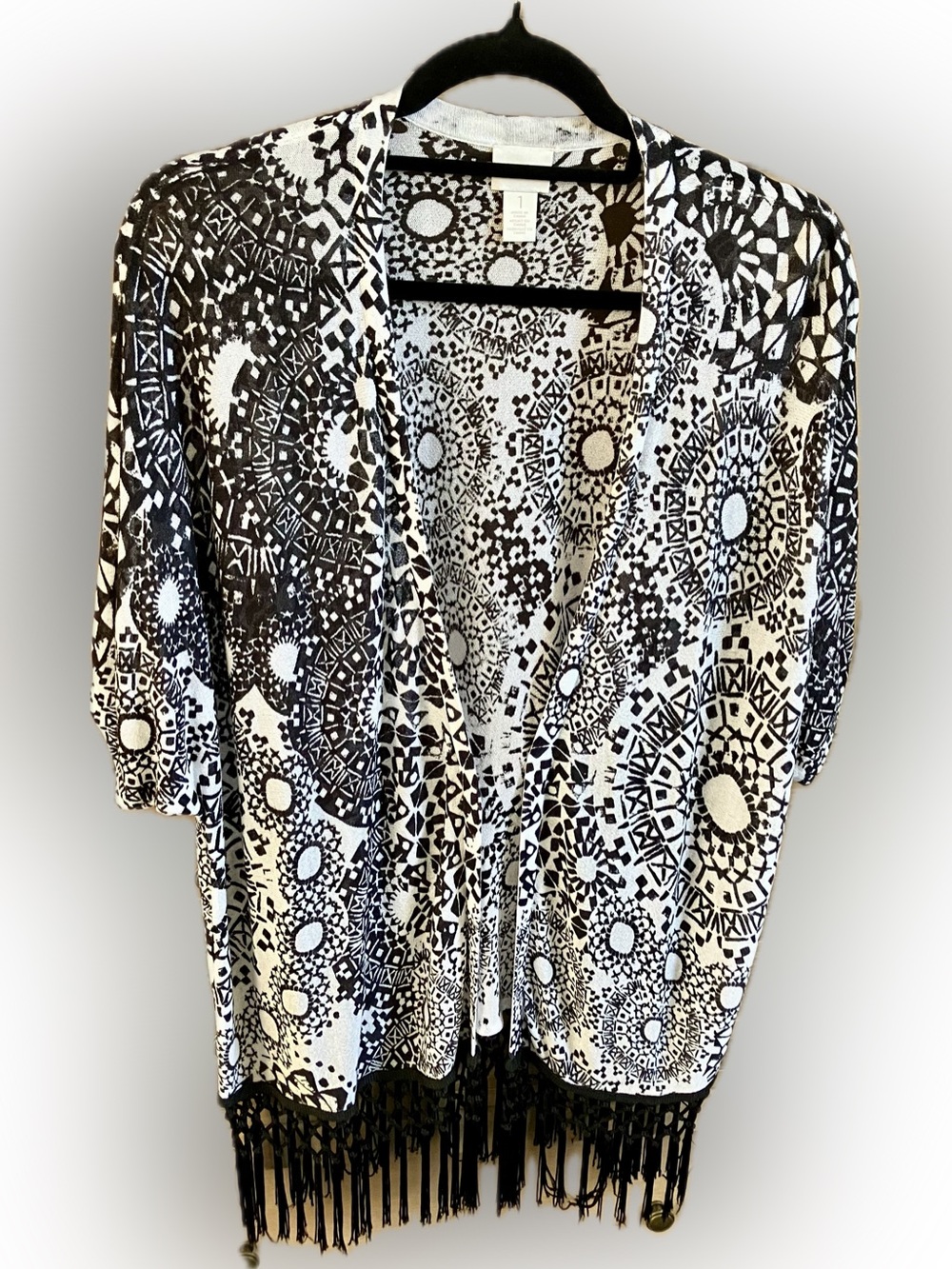Chico’s Black & White Fringe Patterned Women’s Topper